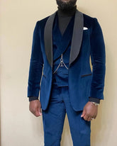 Navy Blue Velvet Men Suits 3 Pcs Wedding Groom Tuxedos One Button Terno Slim Fit Shawl Lapel Blazer with Vest Pants 2023 Navy Blue